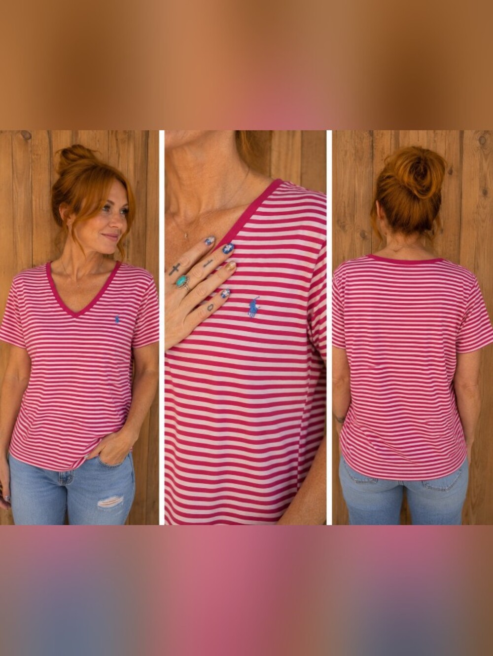 Polo by Ralph Lauren Pink & White Striped V-Neck Tee